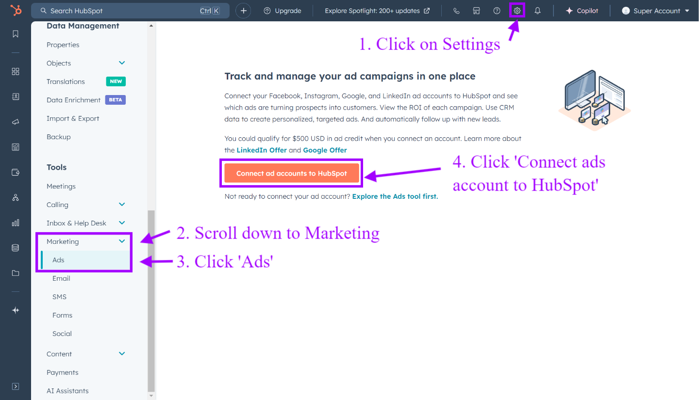 How to connect facebook ads or an ad account in HubSpot to manage lead generation ad campaigns 