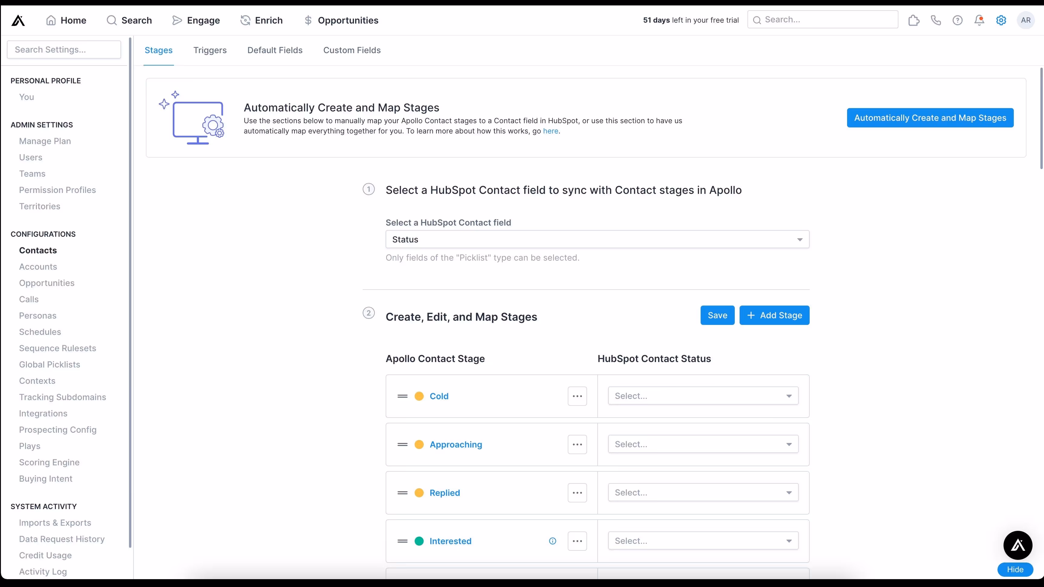 Sync contact and account stages with HubSpot statuses | Apollo Integration