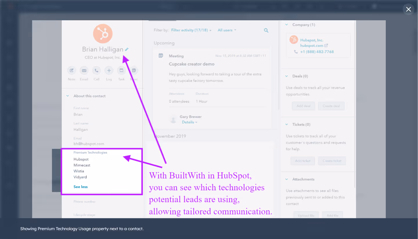 BuiltWith HubSpot Integration for tracking the tecchnologies your new contact is using for targeted communication