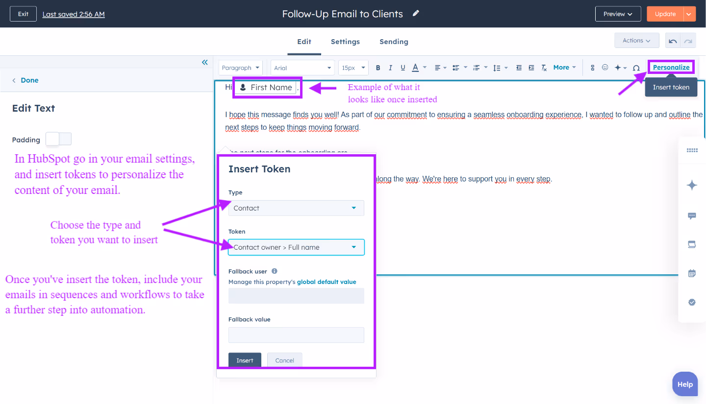 How to insert personalization tokens into your emails in HubSpot 