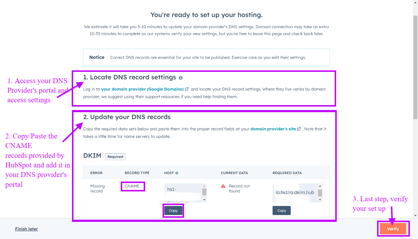 Access your cname record in hubspot to set up dkim and verified message 