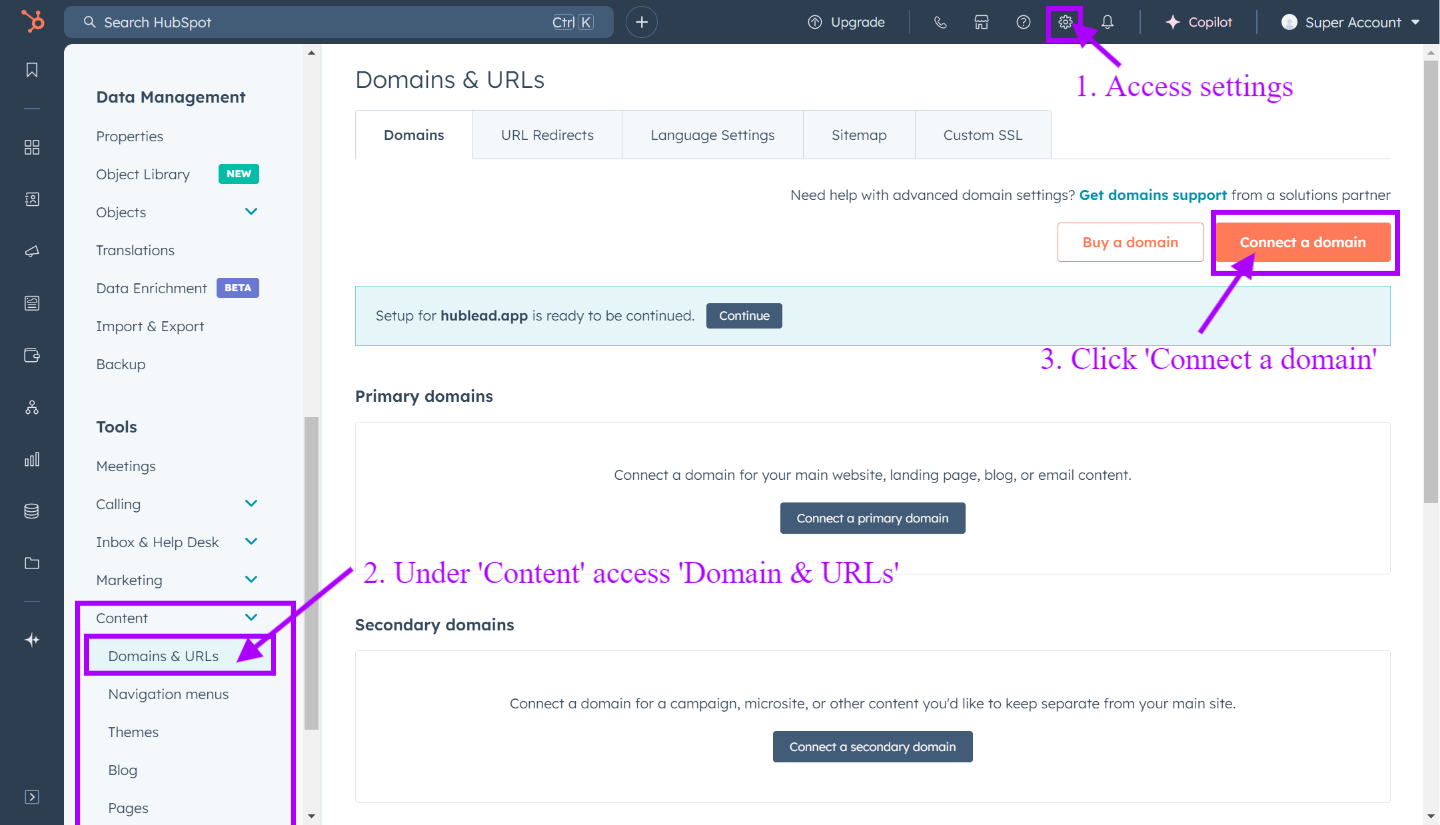 In the left sidebar menu access your settings to connect your website main domain to hubspot