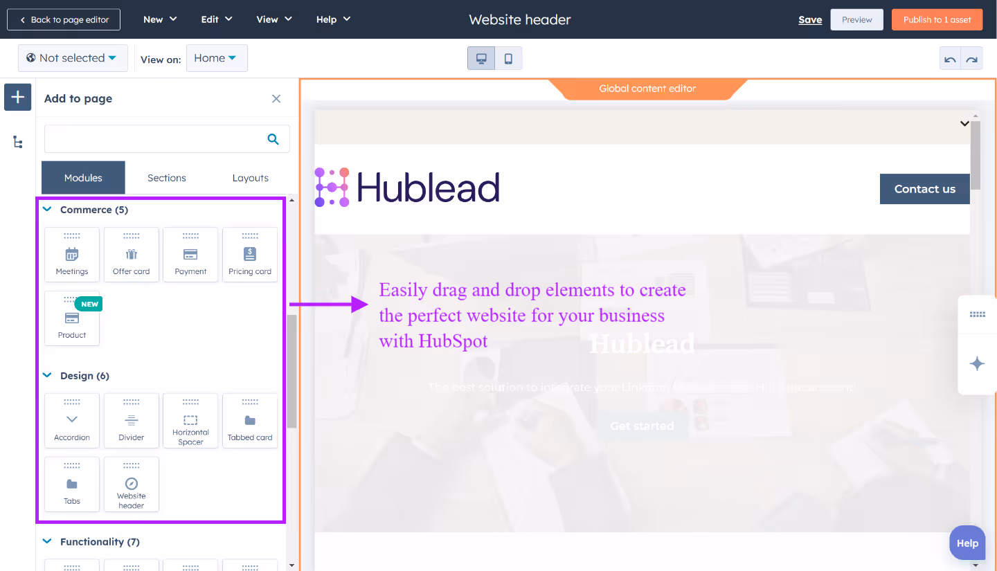 HubSpot drag and drop editor to easily create a responsive and SEO-friendly website 