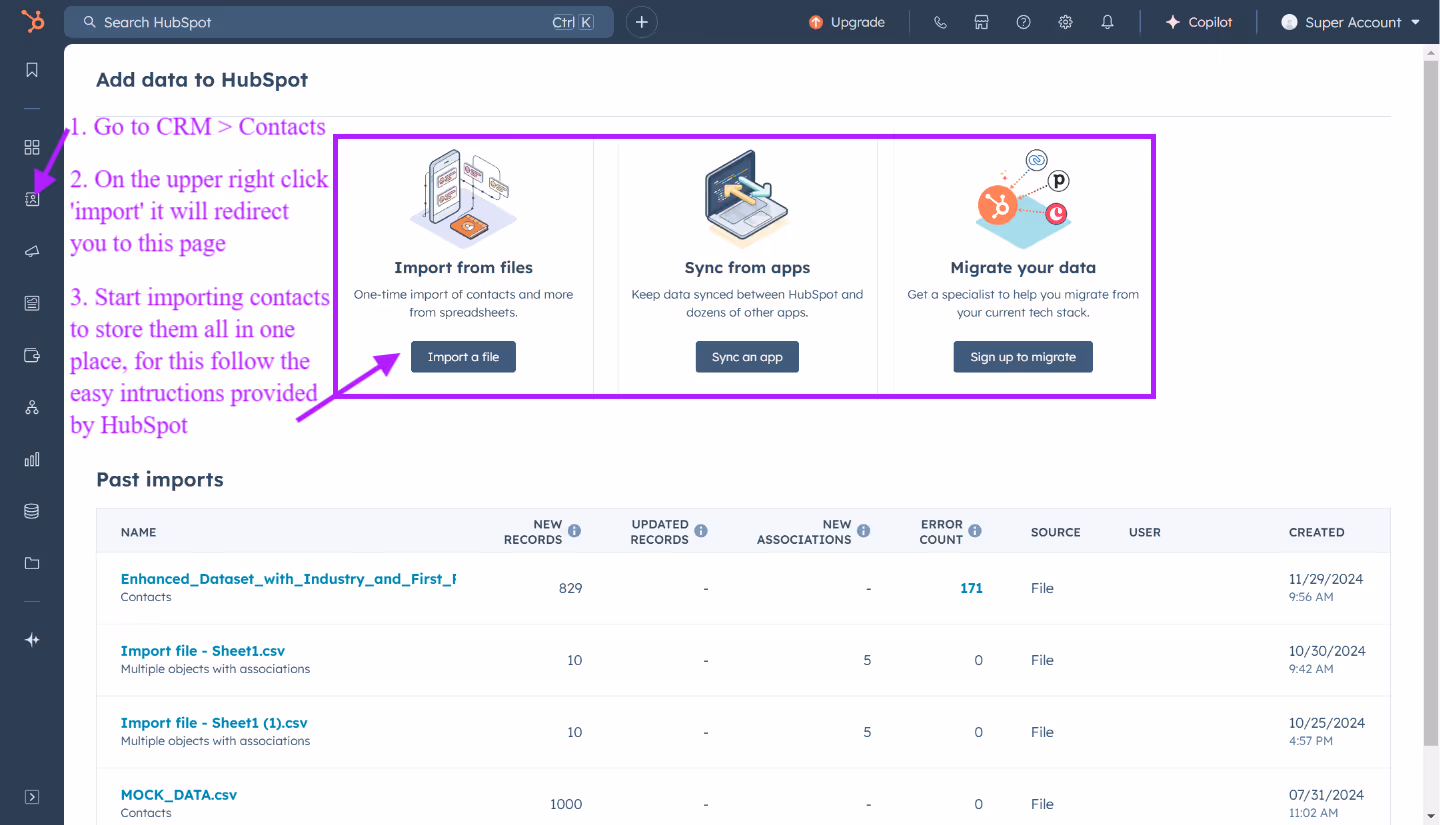 Create contacts and add HubSpot users via Imported Files