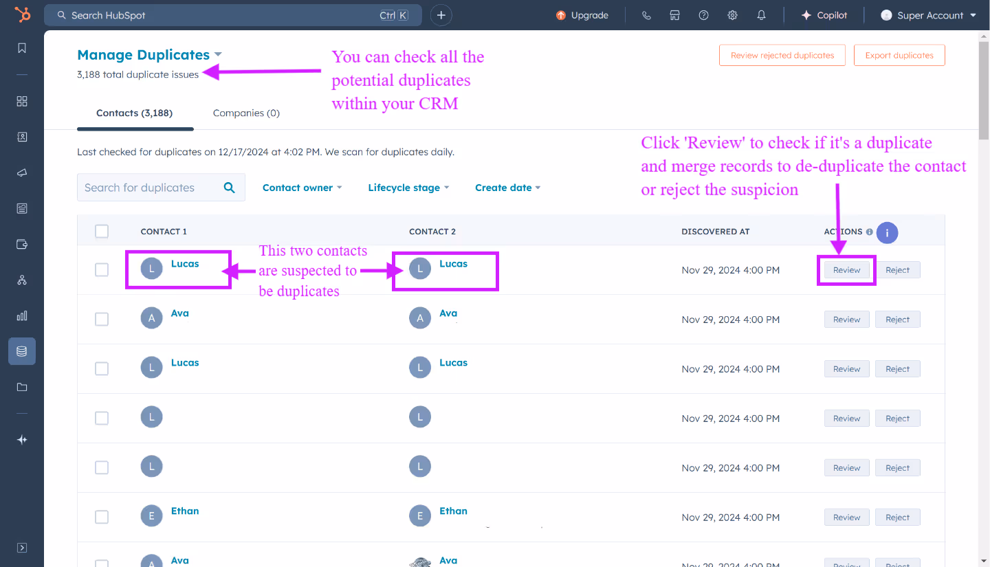 Manage duplicates tool in HubSpot - check duplicates