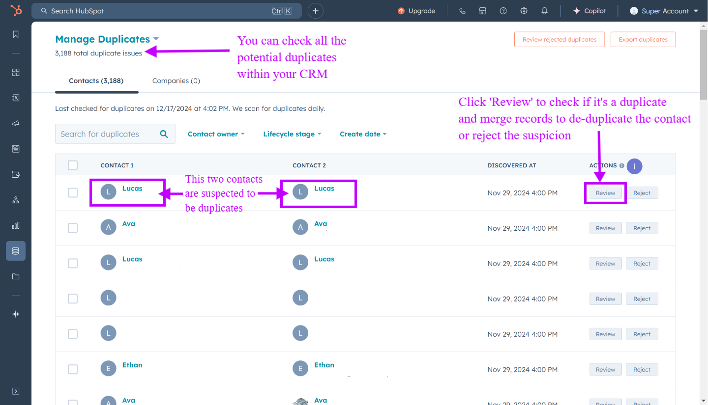 Manage duplicates tool in HubSpot - check duplicates 