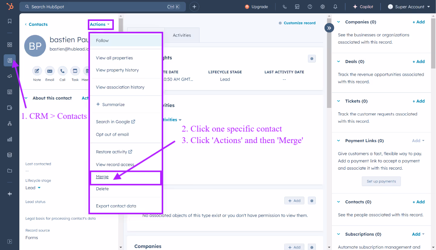 To manually merge duplicates go to the contact information page, select actions and merge