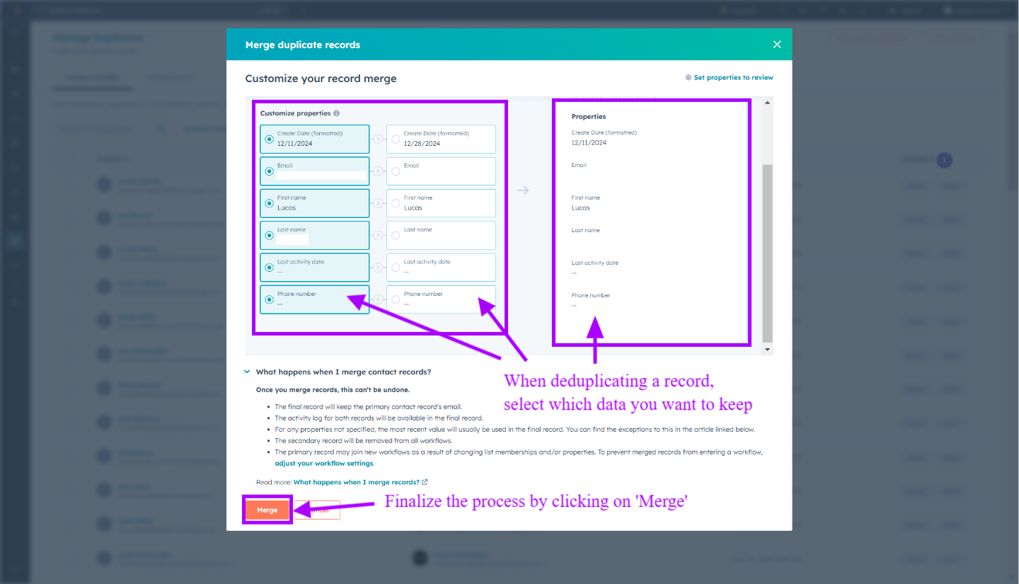 How to merge duplicates in HubSpot?