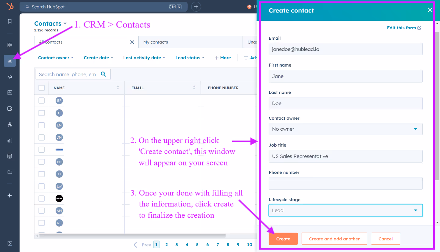 Step by step guide to manually create a contact in HubSpot