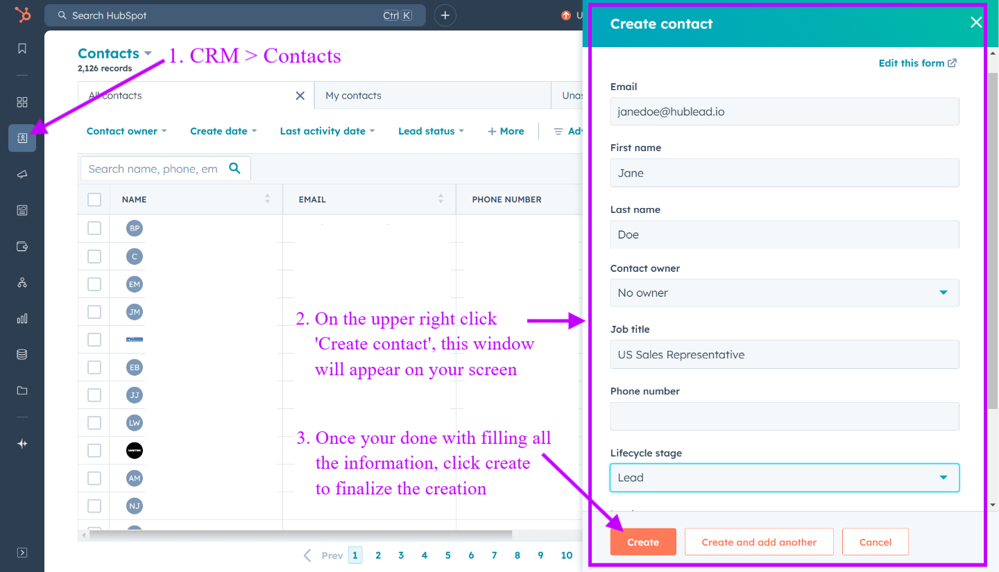 Step by step guide to manually create a contact in HubSpot