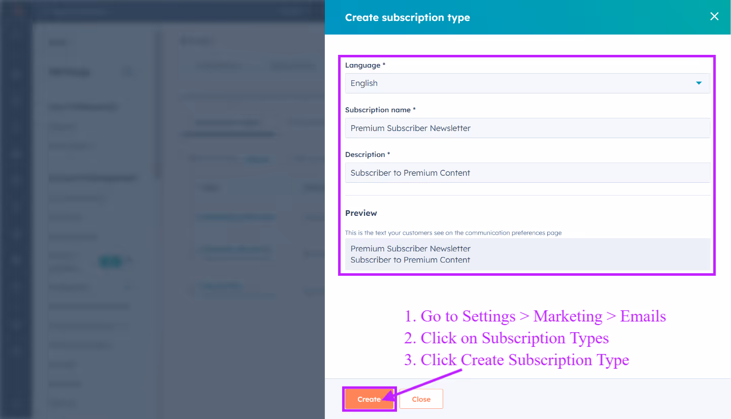 Create HubSpot Subscription Type