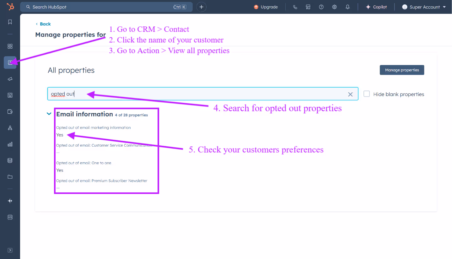 Opted Out Properties for Subcription Type in HubSpot 