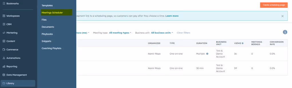 Create scheduling page hubspot