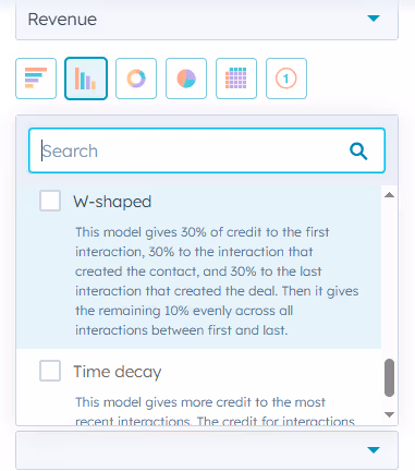 Screenshot showing attribution model selection in HubSpot