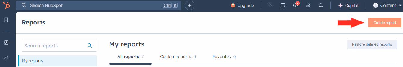 Screenshot showing Create report button in HubSpot