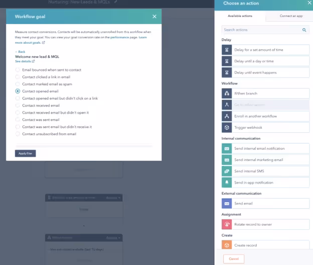Screenshot of HubSpot's workflow settings.