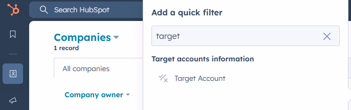 Screenshot of user applying a filter to display HubSpot target accounts in company view.