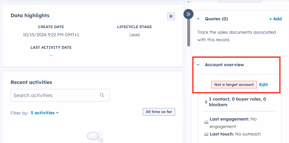 Screenshot showing HubSpot company record and target account property.