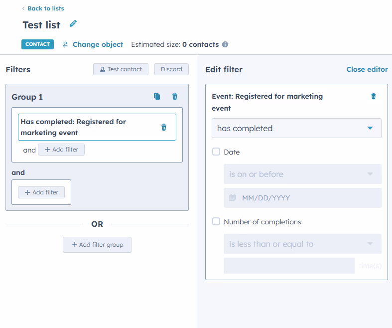 Setting up list criteria in HubSpot