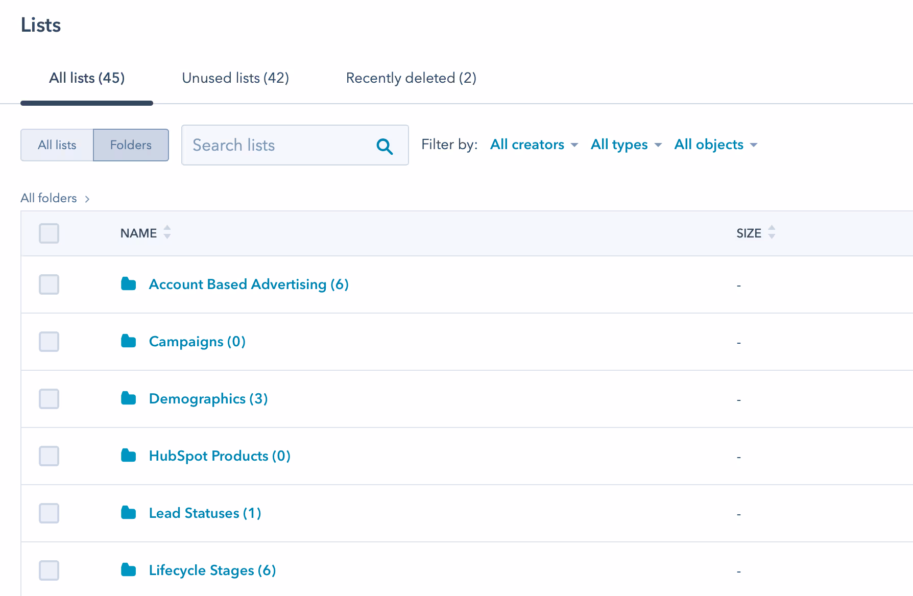 During the list creation, add folders in the upper right based on property values to organize your lists