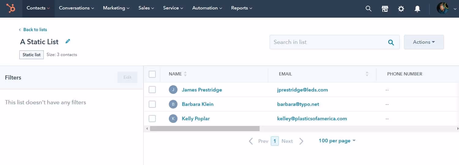Contacts Dashboard of a static list in HubSpot