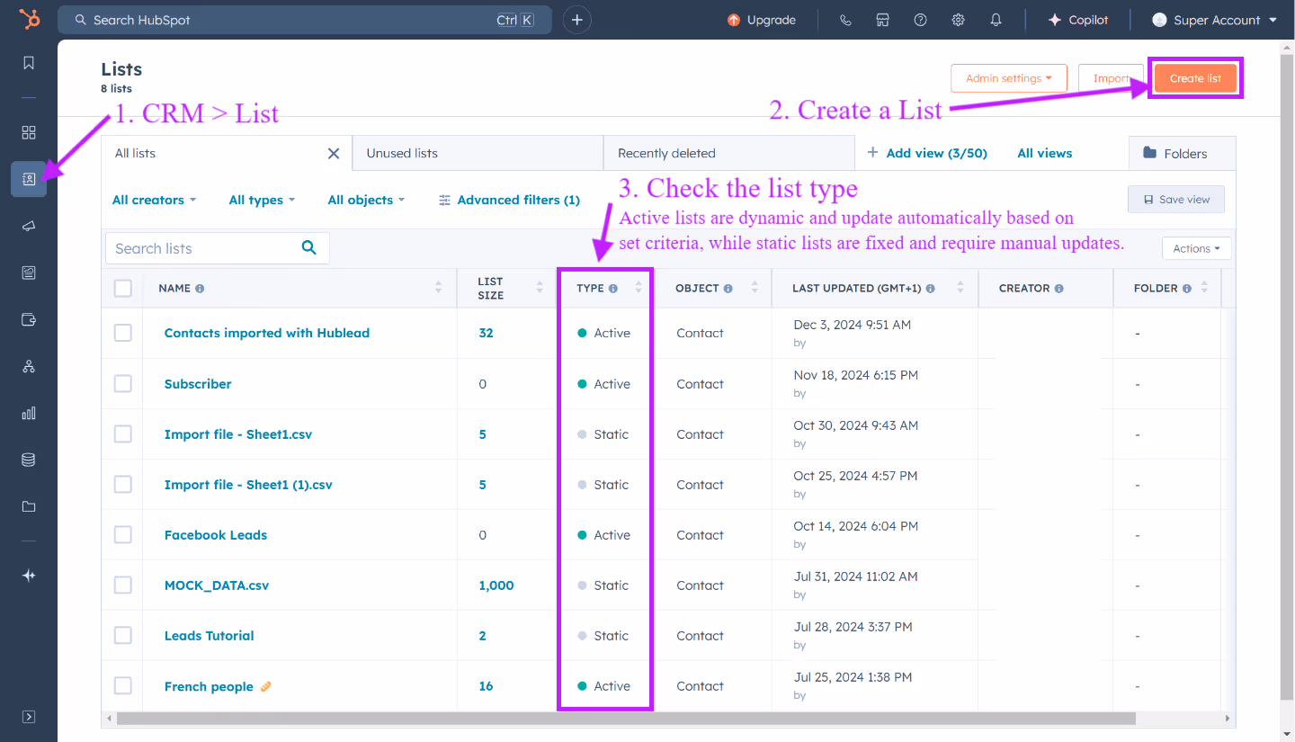How to access existing lists in HubSpot