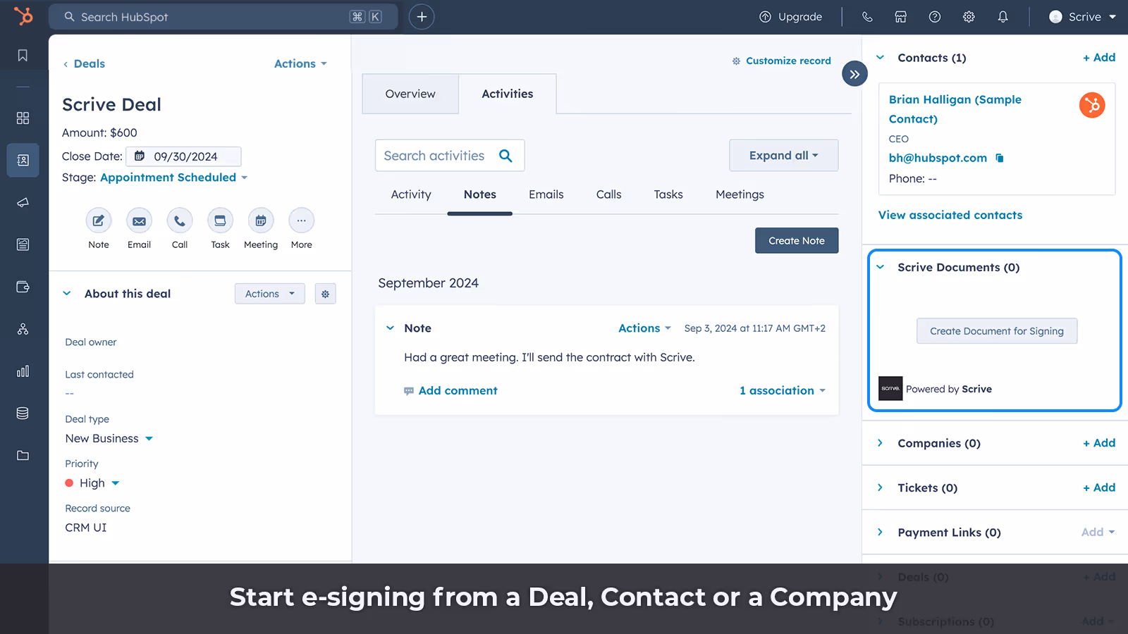 Scrive esigning from a Deal, Company or Contact.