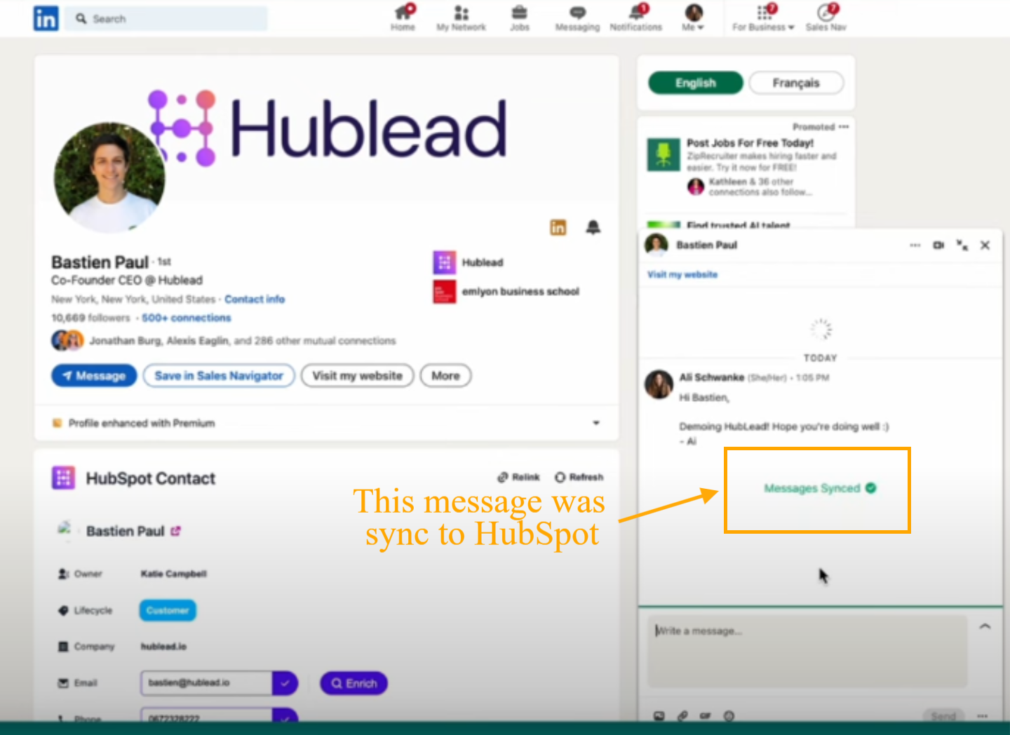 Sync LinkedIn messages to HubSpot in 1-click with Hublead chrome extension | syncing conversations button