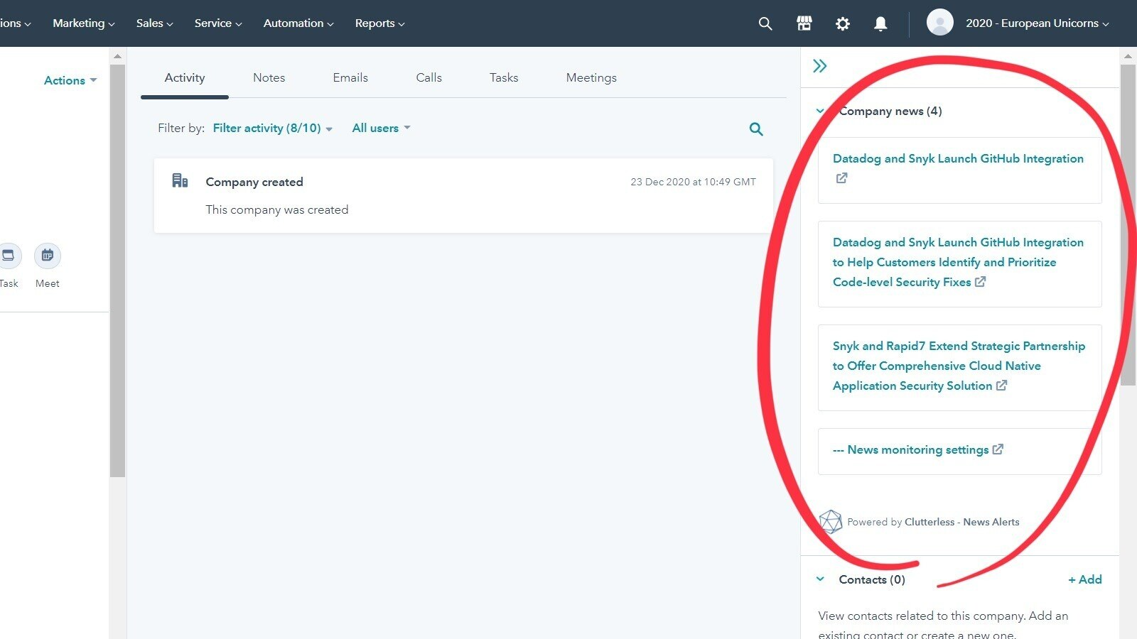 The most recent news headlines will automatically show up on your HubSpot CRM company pages interface through CRM cards API