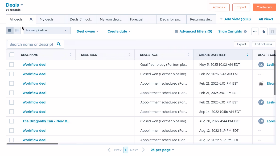 Seven deal stages in the deal pipeline that showcase the customer journey in HubSpot
