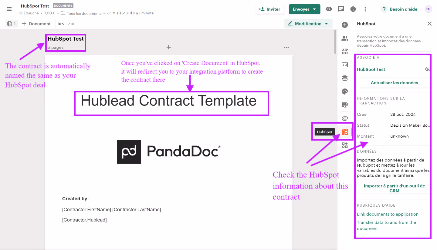 Make template for legal contract and document with your integration and store them in HubSpot
