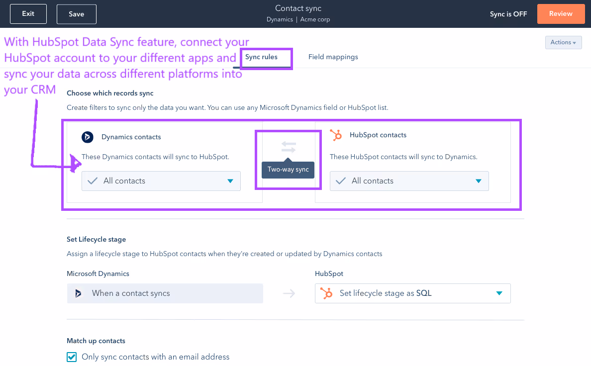 Data Sync tool in hubspot to have in one place all the collected and stored contact and companies data