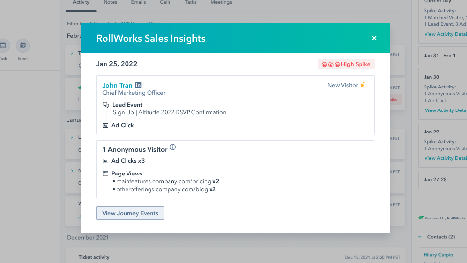 Uncover account engagement signals using data science View Account Spike and Journey Events data in HubSpot Send automated email notifications to your sales team to alert them of spiking accountsBuild customized reports and workflows off of Account Spike data in HubSpot