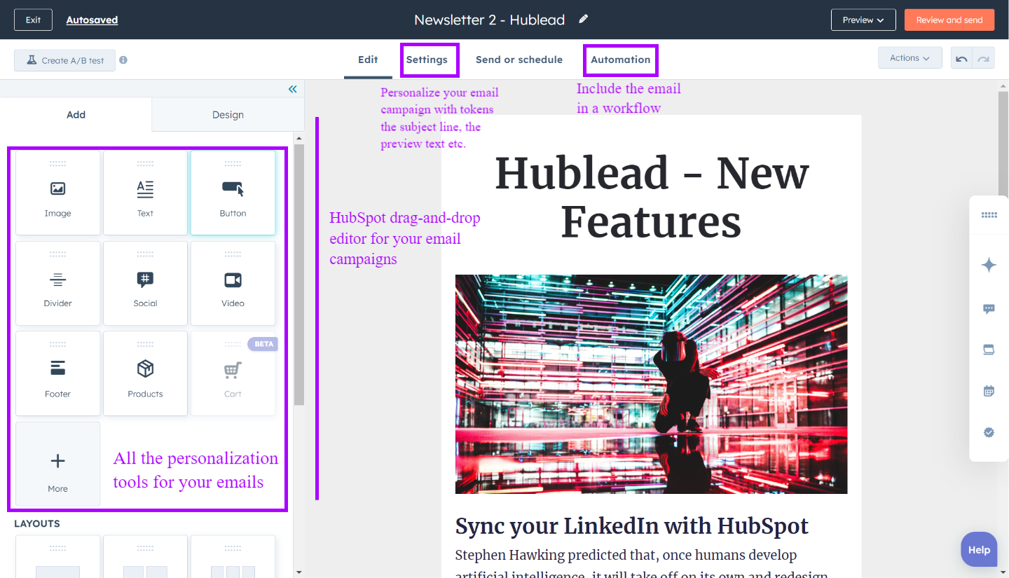 HubSpot emails drag-and-drop editor for in depth customization