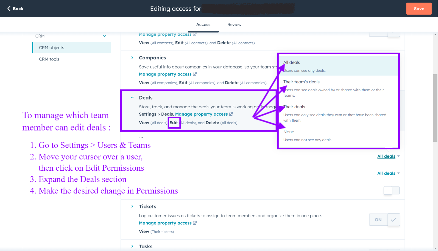 In hubspot crm manage which member in your company can have access to deal resources and collect details on hubspot data for deal