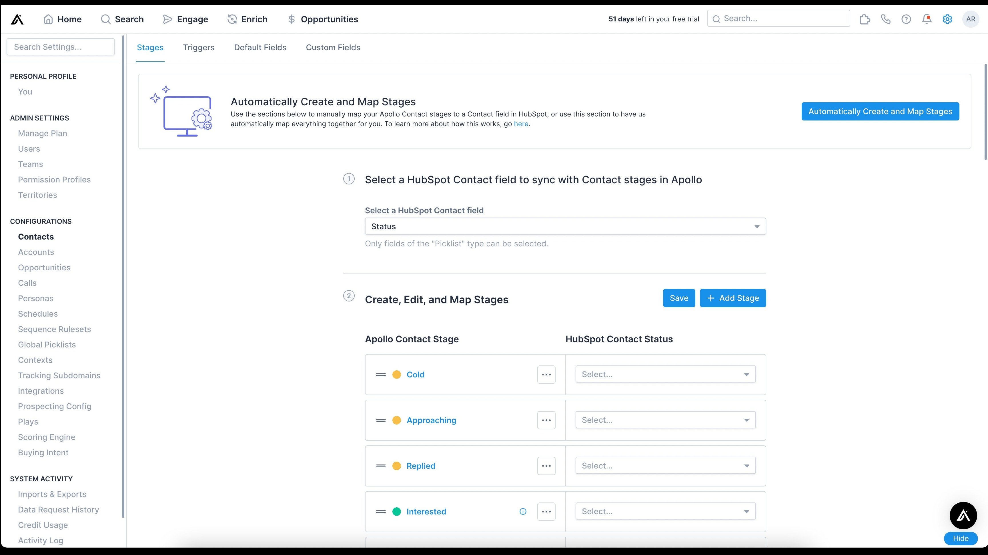 Sync contact and account stages with HubSpot statuses | Apollo Integration