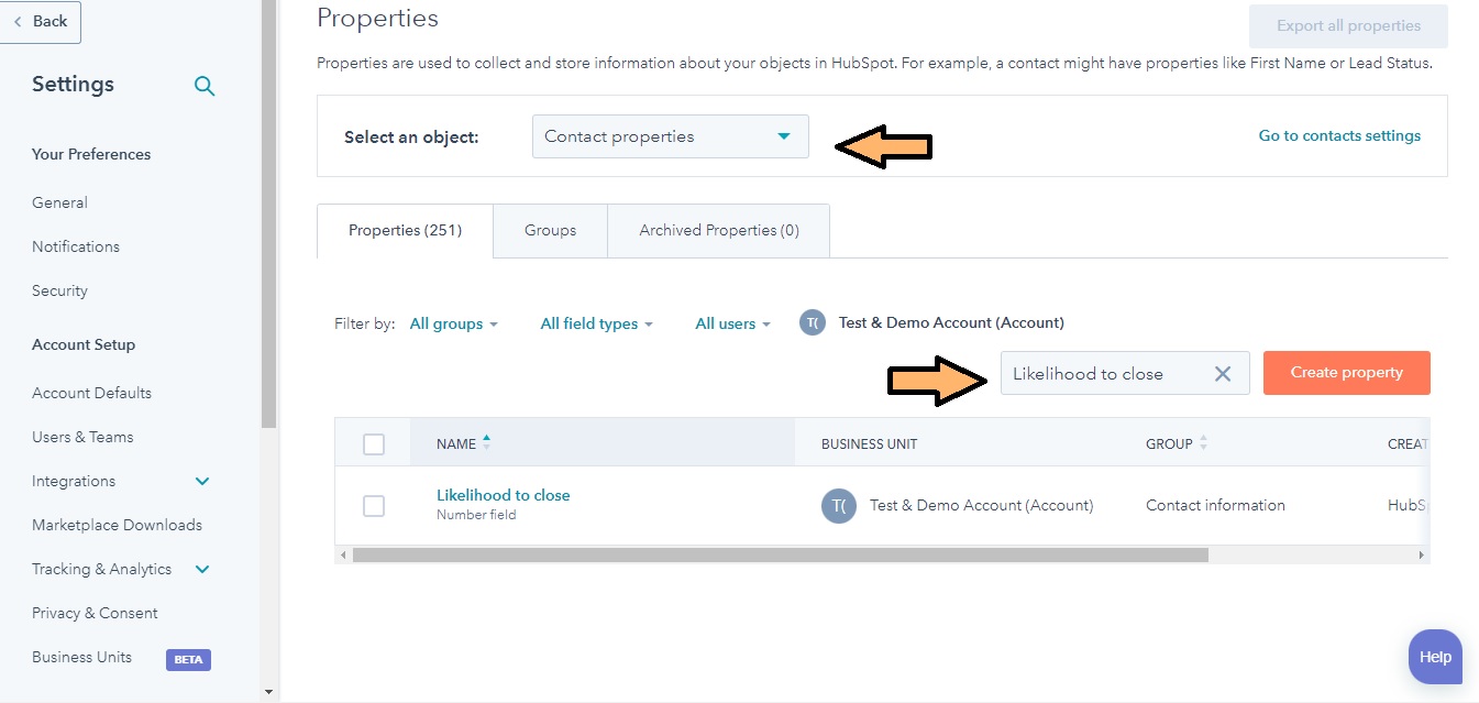 In HubSpot and Properties Search for Likelihood to close and Contact properties to Set Up HubSpot Predictive Lead Scoring