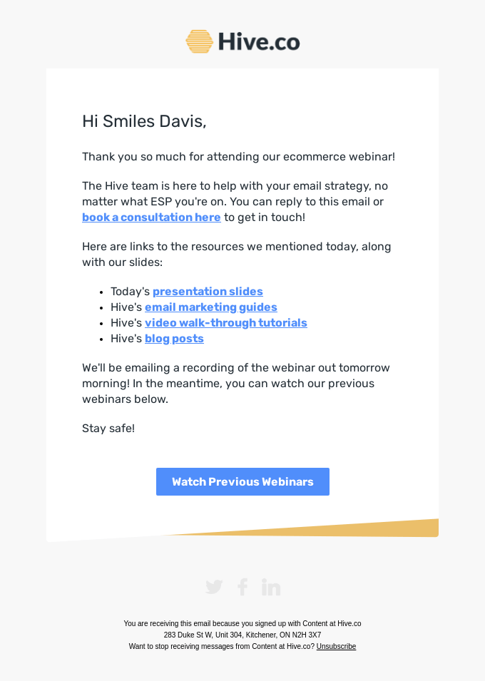 Webinar follow-up email example from Hive