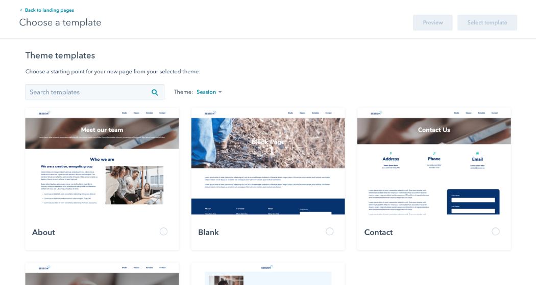 HubSpot's landing page template library