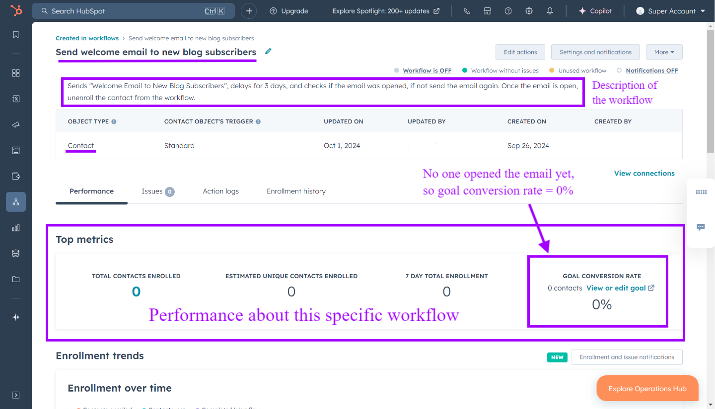 With HubSpot marketing hub professional check your workflow's goal conversion rate to track goal add performance 