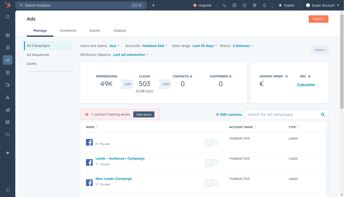 HubSpot ads software to analyze performance of paid ads