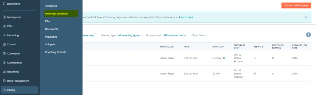 Create scheduling page hubspot