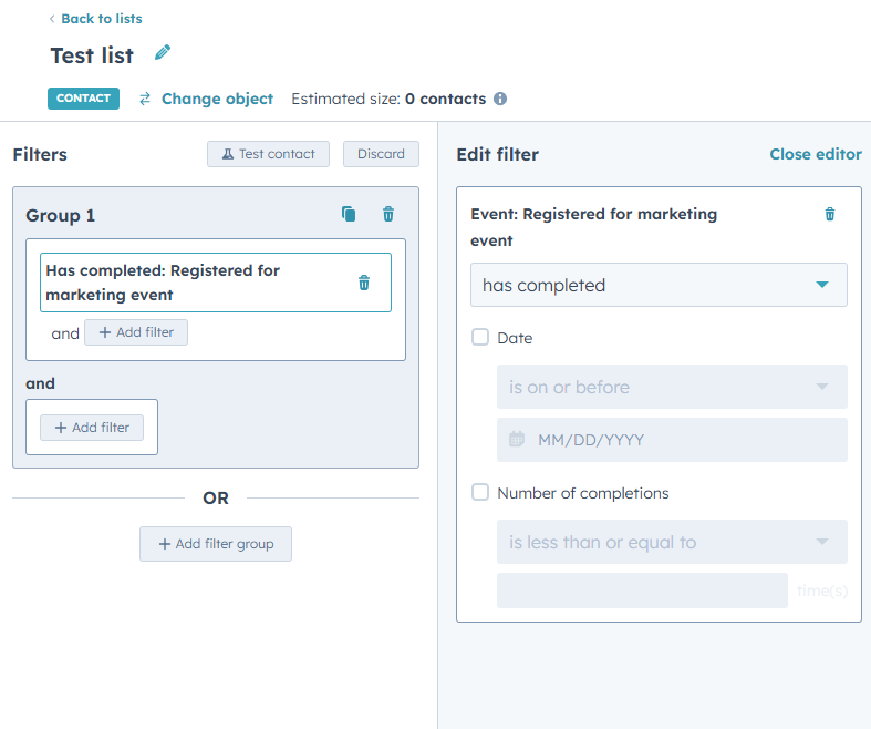 Setting up list criteria in HubSpot