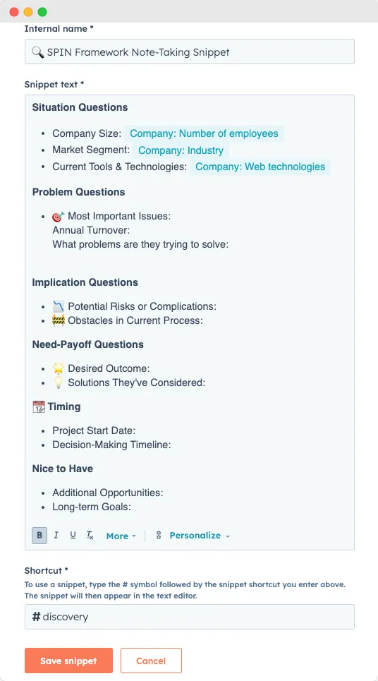HubSpot snippet on spin selling