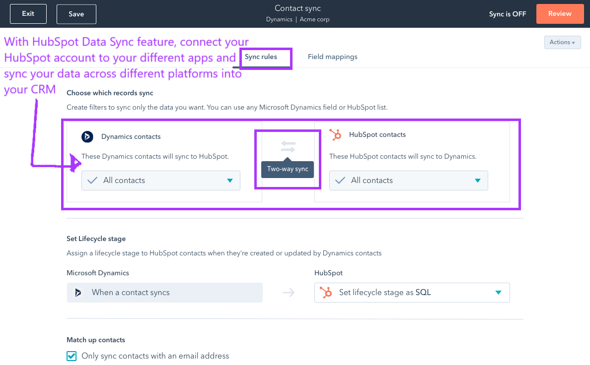 Data Sync tool in hubspot to have in one place all the collected and stored contact and companies data