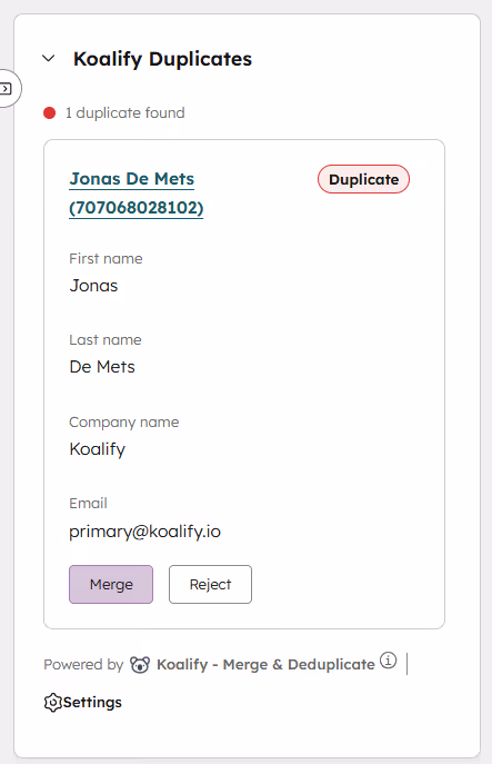 Koalify workflow action for automated duplicate merging in HubSpot