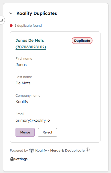 Koalify workflow action for automated duplicate merging in HubSpot