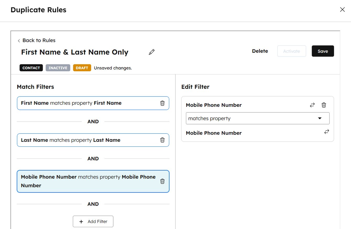 Koalify CRM card showing duplicate suggestions on a HubSpot contact record