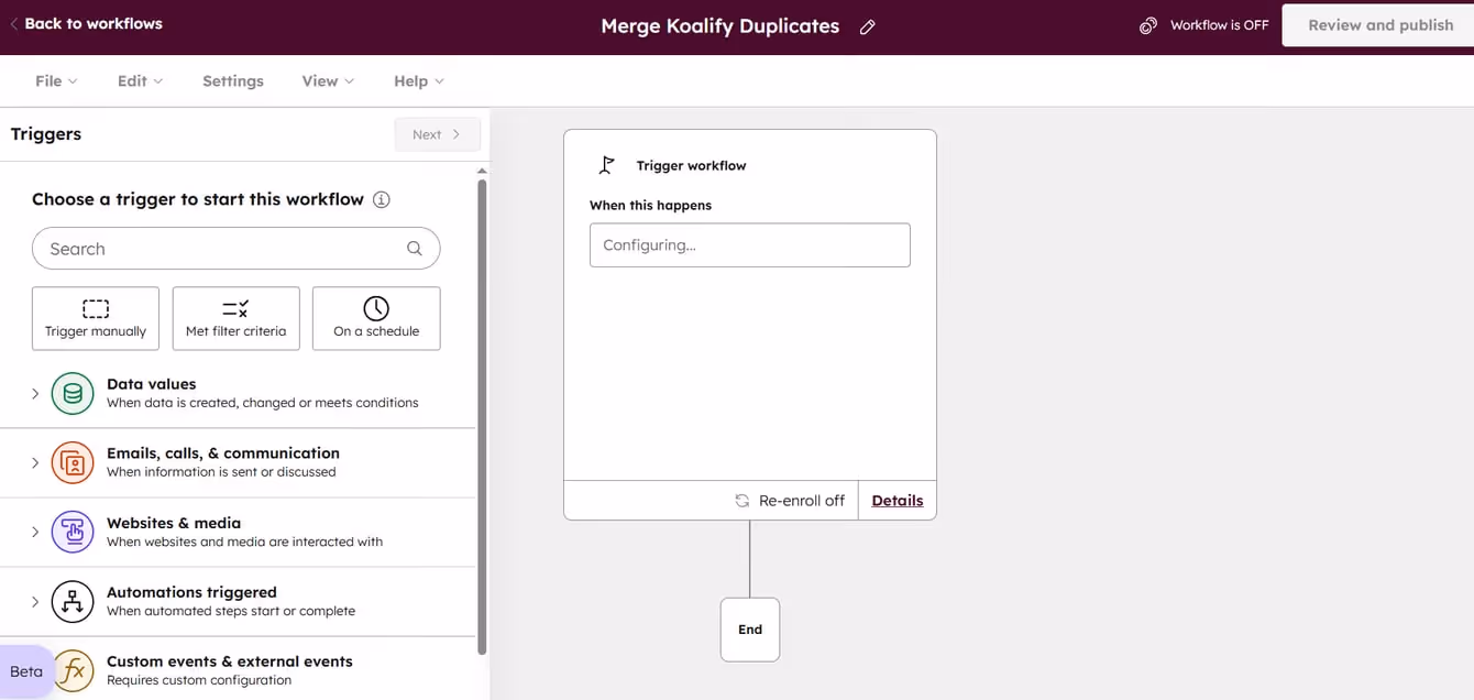Koalify custom duplicate matching rules configuration in HubSpot