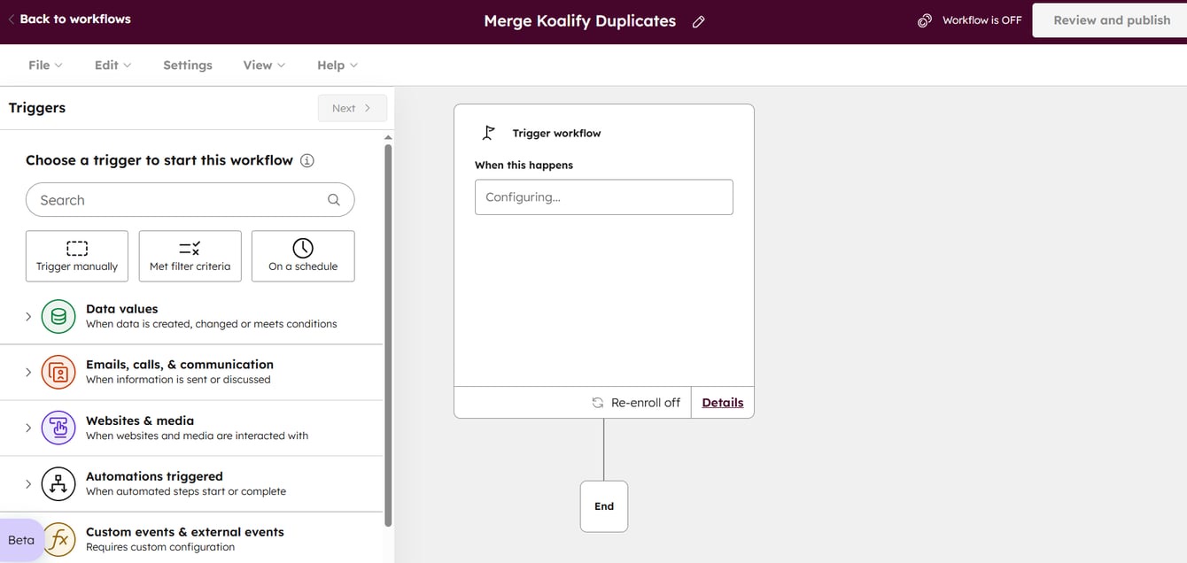 Koalify custom duplicate matching rules configuration in HubSpot